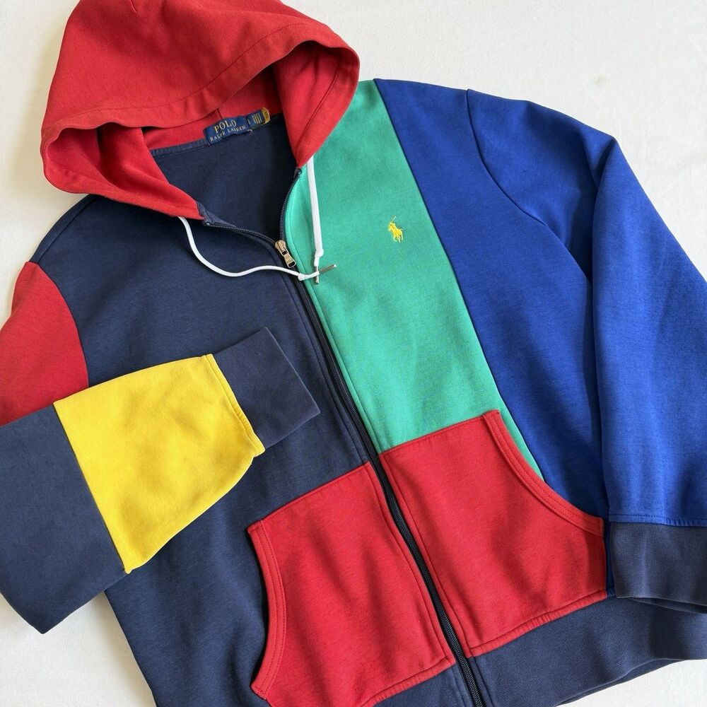 Polo Ralph Lauren Men's Navy Colorblock Double Knit Full Zip Hoodie Size LARGE